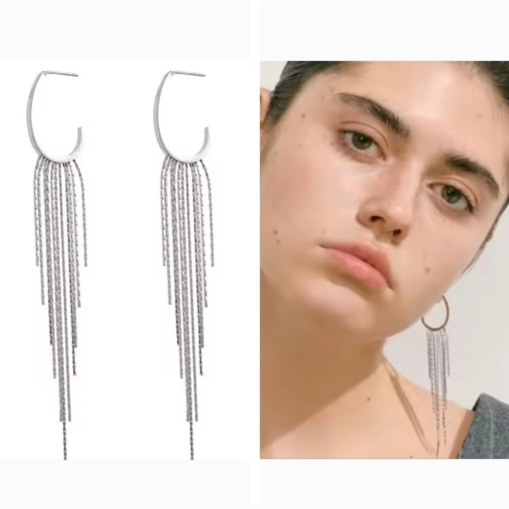 New! Silver Tassel Dangle Hoop Earrings – Waterfall Chain Fringe (2005) NWOT